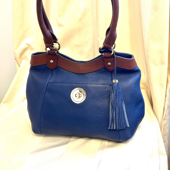 😍🌻- Isaac Mizrahi Genuine Leather Shoulder Bag Purse Bag Navy Prussian Indig… - Picture 1 of 11